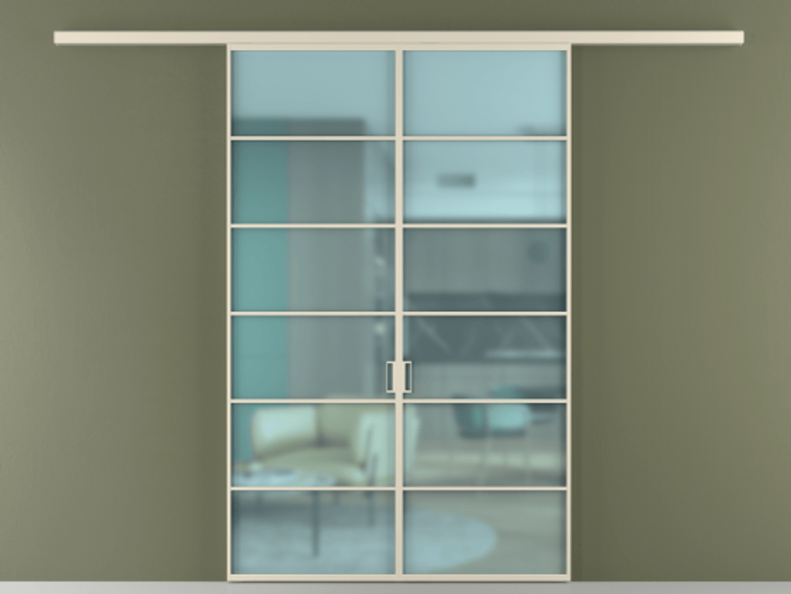 Перегородка Formato вдоль стены 2 створки АЛПР 040.04 Алюминий бежево-серый Сатинированное голубое стекло, триплекс Цена 207150 ₽ | Volhovec