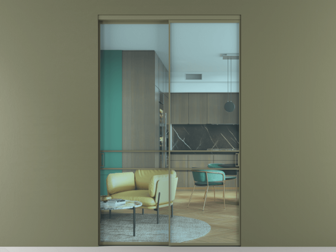 Перегородка Formato внутри проёма 2 створки АЛПР 040.02 Алюминий оливковый тёмный Прозрачное голубое стекло, триплекс Цена 432260 ₽  | Volhovec