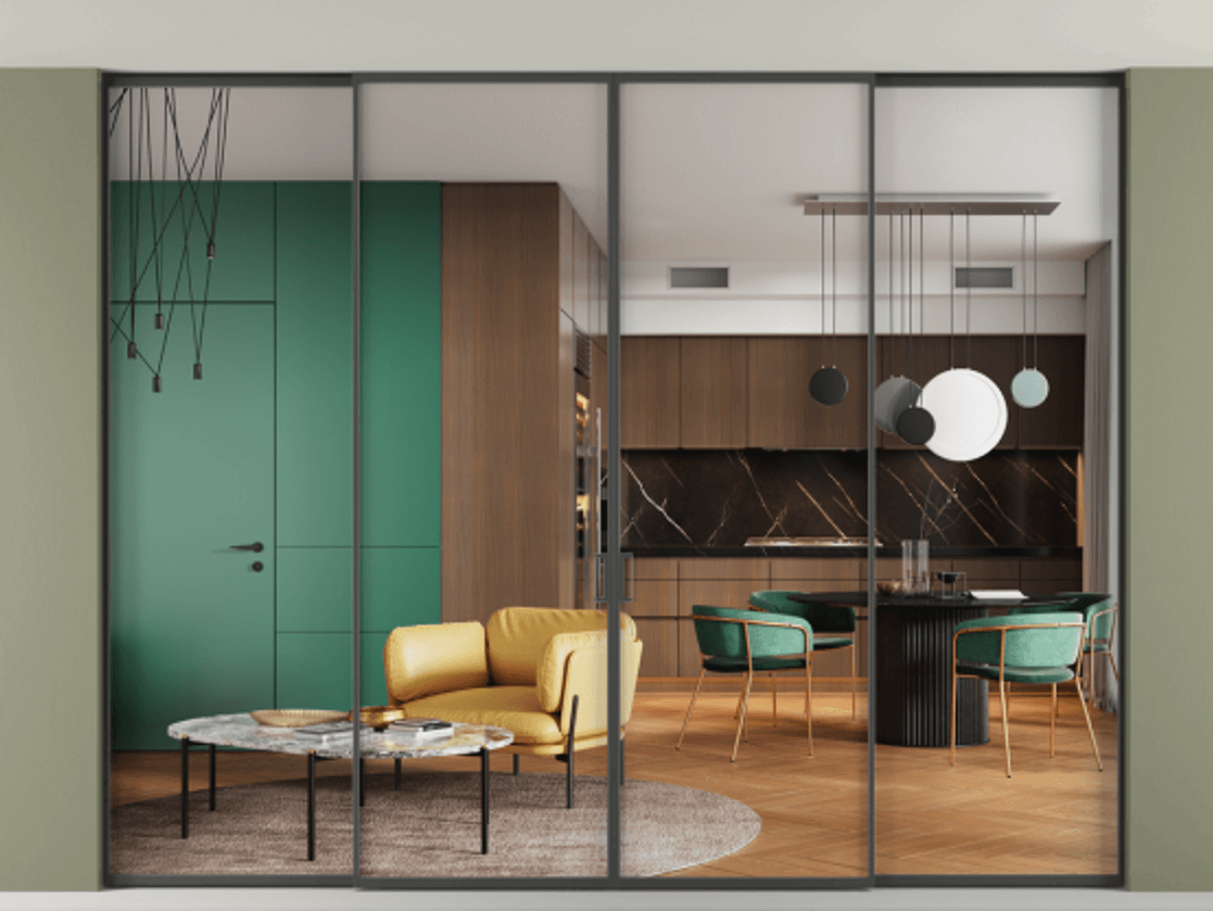 Перегородка Формато внутри проёма скрытое крепление в потолок 4 створки АЛПР 040.01  Прозрачное стекло "Кристал Вижн", калёное Цена 623780 ₽ | Volhovec