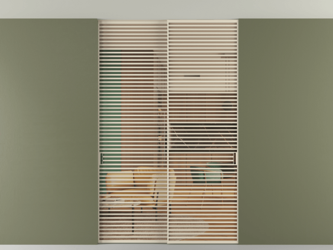 Перегородка Formato внутри проёма скрытое крепление в потолок 2 створки АЛПР 040.07 Алюминий бежево-серый Прозрачное оранжевое стекло, триплекс Цена 428956 ₽ | Volhovec