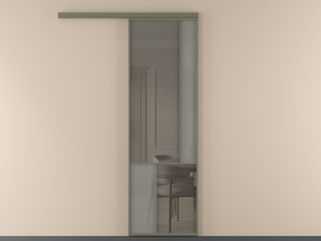 Перегородка Mosaic вдоль стены одностворчатая АЛПР 041.21 Алюминий оливковый тёмный Сатинированное серое стекло, триплекс, 6 мм + Прозрачное серое стекло, триплекс Цена 137030 ₽ | Volhovec