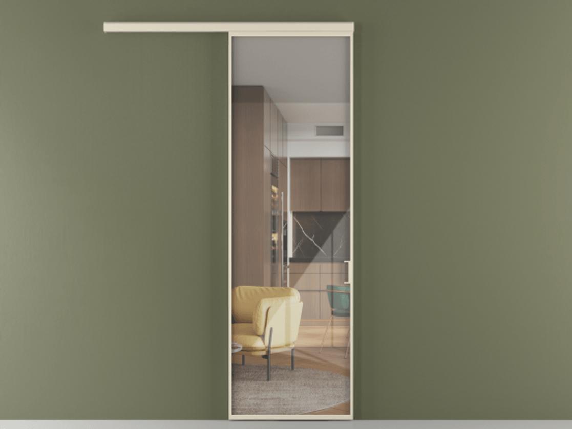 Перегородка Formato вдоль стены 1 створка АЛПР 040.01 Алюминий бежево-серый Рефлективное прозрачное стекло "Stopsol", калёное Цена 123700 ₽  | Volhovec