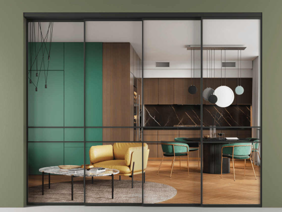 Перегородка Формато внутри проёма 4 створки с синхронным механизмом АЛПР 040.02 Алюминий Черный Прозрачное стекло "Кристал Вижн", калёное Цена 531300 ₽ | Volhovec