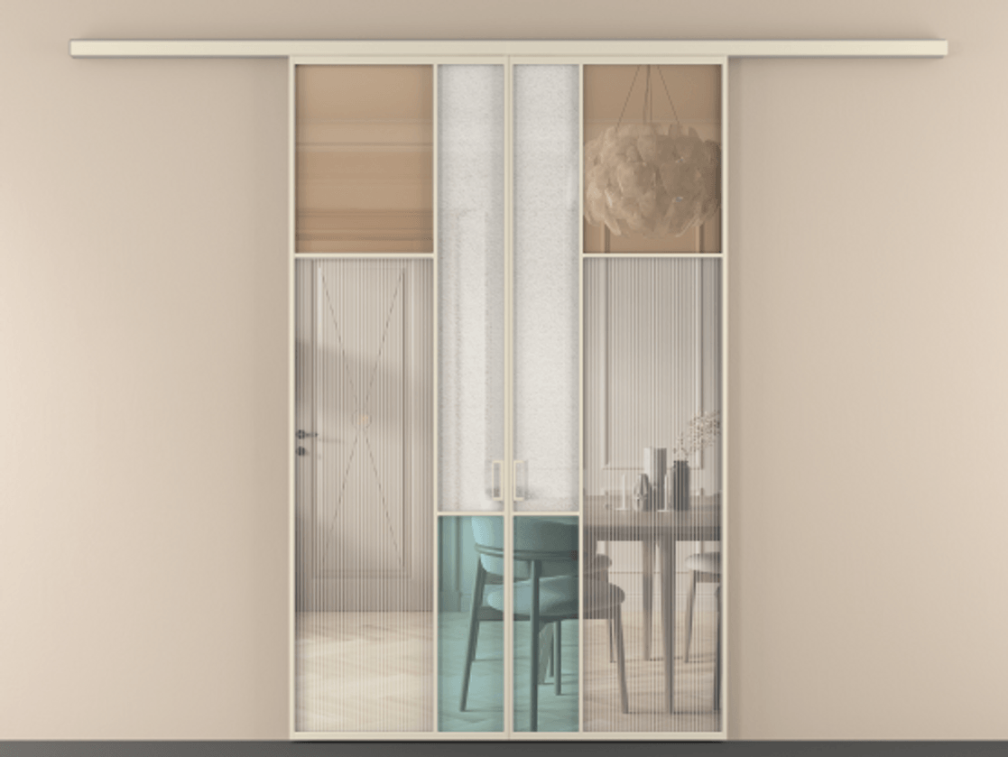 Перегородка Mosaic вдоль стены 2 створки АЛПР 041.11 Алюминий бежево-серый Комбинация стекол Группы 1 и Группы 3 Цена 276860 ₽ | Volhovec