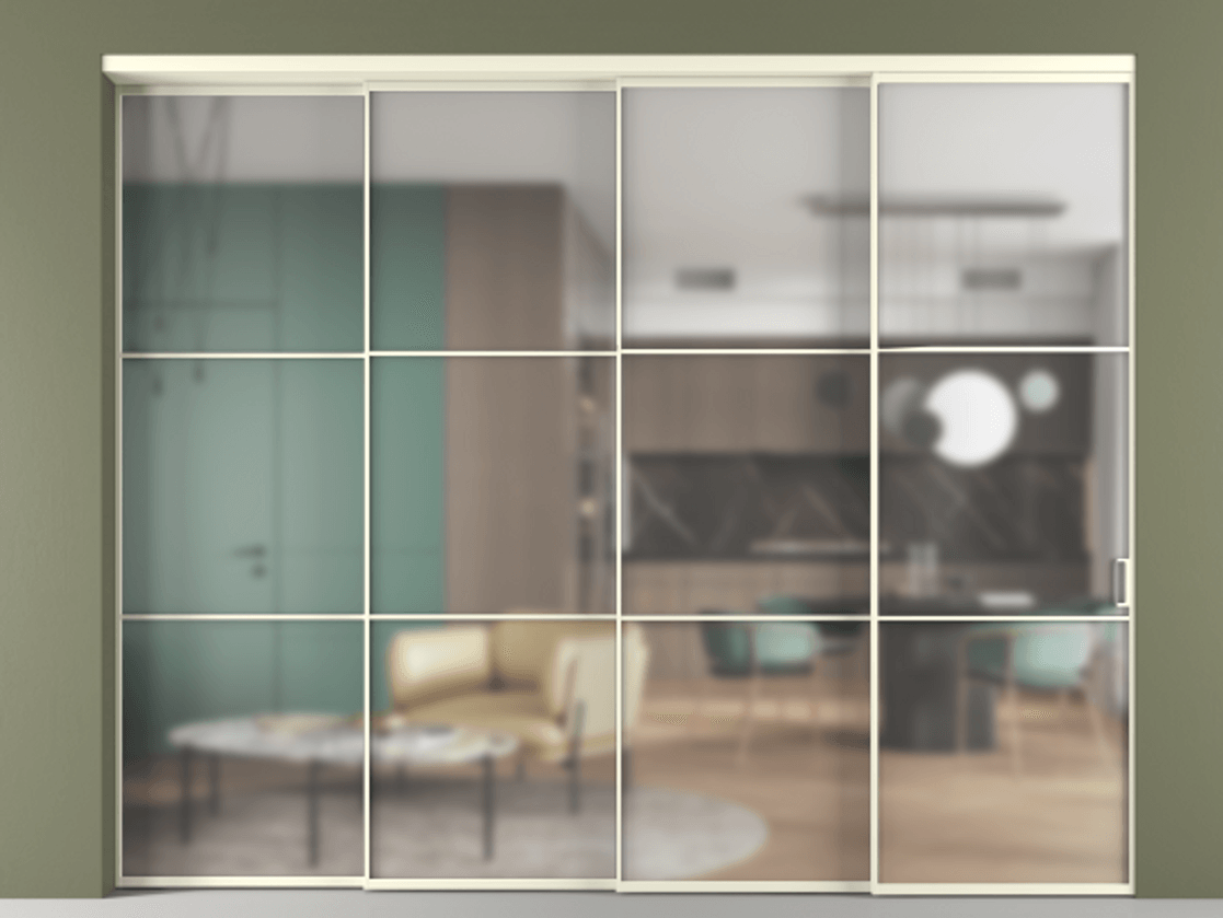 Перегородка Формато внутри проёма 4 створки с синхронным механизмом АЛПР 040.03 Алюминий молочно-белый Сатинированное стекло "Мателюкс Кристал Вижн", калёное, матовое, каленое 6 мм Цена 555800 ₽ | Volhovec