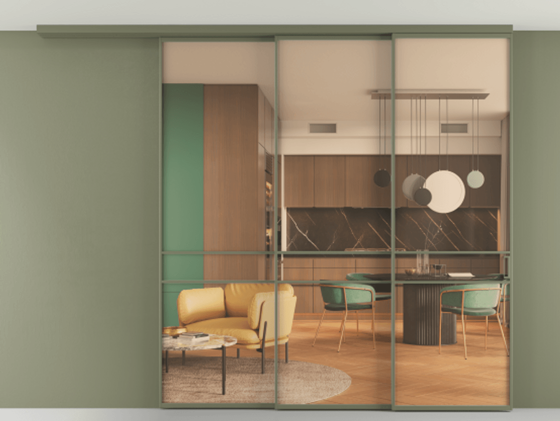 Перегородка Formato вдоль стены на потолок 3 створки с синхронным механизмом АЛПР 040.02 Алюминий оливковый тёмный Прозрачное оранжевое стекло, триплекс Цена 396364 ₽ | Volhovec