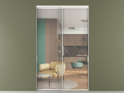 Алюминевая перегородка vn2_01_ Алюминий светло-серый Moru. Цвет Алюминий светло-серый. Материал Алюминий в эмали. Коллекция Перегородка Formato внутри проёма двустворчатая. Картинка.