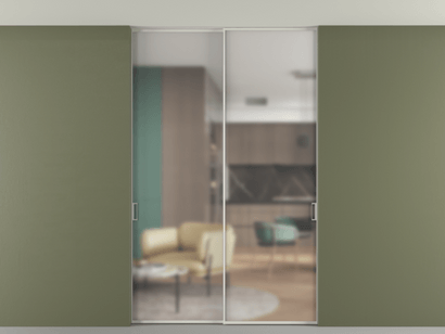 Алюминевая перегородка p2_01 Matelux Crystalvision БЕЛ. Цвет Алюминий Белый. Материал Алюминий. Коллекция Перегородка Formato внутри проёма двустворчатая со скрытым креплением в потолок. Картинка.