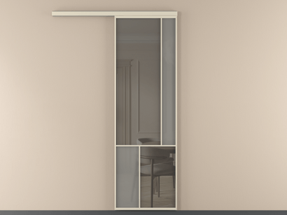 Алюминевая перегородка vd1_1 Алюминий бежево-серый Серый сатин матовое + Серый прозрачное. Цвет Алюминий бежево-серый. Материал Алюминий в эмали. Коллекция New Перегородка Mosaic вдоль стены одностворчатая. Картинка.