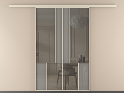 Алюминевая перегородка vd2_1 Алюминий бежево-серый Серый сатин матовое + Серый прозрачное. Цвет Алюминий бежево-серый. Материал Алюминий в эмали. Коллекция New Перегородка Mosaic вдоль стены двустворчатая. Картинка.