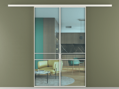 Алюминевая перегородка АЛПР 040.02_АСР_ПРОЗ ГОЛ_new. Цвет Алюминий серый. Материал Алюминий в эмали. Коллекция Перегородка Formato вдоль стены двустворчатая. Картинка.