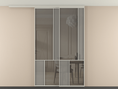 Алюминевая перегородка vdt2_1 Алюминий тёплый серый Серый сатин матовое + Серый прозрачное. Цвет Алюминий тёплый серый. Материал Алюминий в эмали. Коллекция New Перегородка Mosaic вдоль стены на потолок телескопик синхро 2. Картинка.