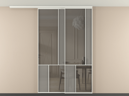 Алюминевая перегородка vdt2_1 Алюминий светло-серый Серый сатин матовое + Серый прозрачное. Цвет Алюминий светло-серый. Материал Алюминий в эмали. Коллекция New Перегородка Mosaic вдоль стены на потолок телескопик синхро 2. Картинка.