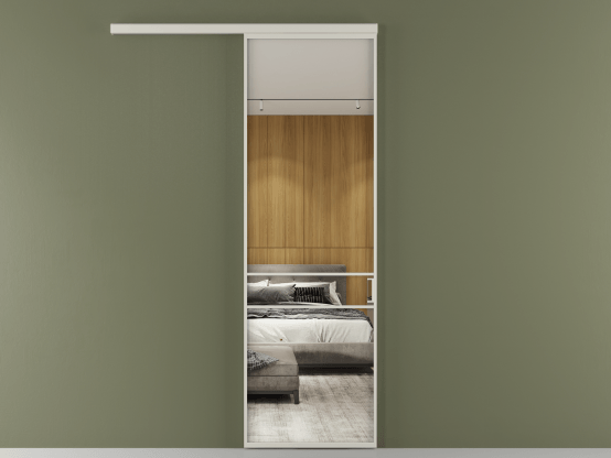 Алюминевая перегородка vd1_02_ Алюминий тёплый серый Двустороннее зеркало. Цвет Алюминий тёплый серый. Материал Алюминий в эмали. Коллекция Перегородка Формато вдоль стены 1 створка. Картинка.