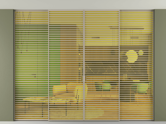 Алюминевая перегородка АЛПР 040.07_АБСК_ПРОЗ ЖЕЛ_new. Цвет Алюминий бисквитный. Материал Алюминий в эмали. Коллекция Перегородка Formato внутри проёма скрытое крепление в потолок 4 створки. Картинка.