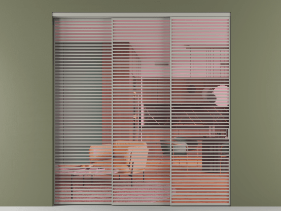 Алюминевая перегородка АЛПР 040.07_АНСР_ПРОЗ РОЗ_new. Цвет Алюминий нейтральный серый. Материал Алюминий в эмали. Коллекция Перегородка Formato внутри проёма 3 створки с синхронным механизмом. Картинка.