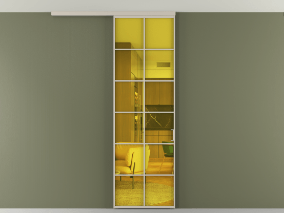 Алюминевая перегородка АЛПР 040.05_АСБЖ_ПРОЗ ЖЕЛ_new. Цвет Алюминий светло-бежевый. Материал Алюминий в эмали. Коллекция Перегородка Formato вдоль стены на потолок 1 створка. Картинка.