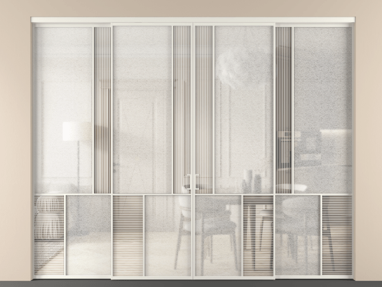 Алюминевая перегородка vnt4_1 БЕЛ. Цвет Алюминий Белый. Материал Алюминий. Коллекция Перегородка Мозаик внутри проёма 4 створки. Картинка.