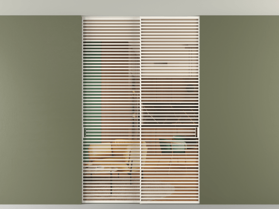 Алюминевая перегородка vn2_07 Алюминий пудровый белый Прозрачное оранжевое стекло, триплекс, 6мм. Цвет Алюминий пудровый белый. Материал Алюминий в эмали. Коллекция Перегородка Formato внутри проёма скрытое крепление в потолок 2 створки. Картинка.