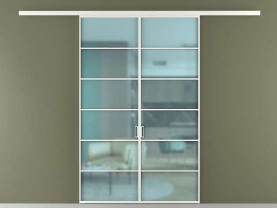 Алюминевая перегородка vd2_04_ Алюминий светло-серый Сатинированное голубое стекло, триплекс, 6мм. Цвет Алюминий светло-серый. Материал Алюминий в эмали. Коллекция Перегородка Formato вдоль стены 2 створки. Картинка.