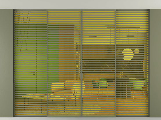 Алюминевая перегородка АЛПР 040.07_АОТ_ПРОЗ ЖЕЛ_new. Цвет Алюминий оливковый тёмный. Материал Алюминий в эмали. Коллекция Перегородка Formato внутри проёма скрытое крепление в потолок 4 створки. Картинка.