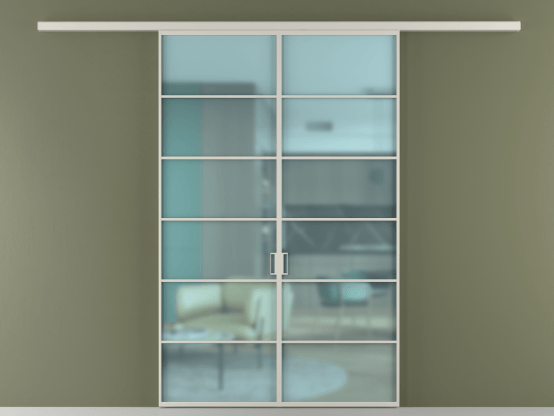 Алюминевая перегородка vd2_04_ Алюминий тёплый серый Сатинированное голубое стекло, триплекс, 6мм. Цвет Алюминий тёплый серый. Материал Алюминий в эмали. Коллекция Перегородка Formato вдоль стены 2 створки. Картинка.