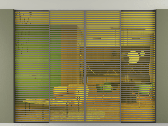 Алюминевая перегородка АЛПР 040.07_АКЛС_ПРОЗ ЖЕЛ_new. Цвет Алюминий классический серый. Материал Алюминий в эмали. Коллекция Перегородка Formato внутри проёма скрытое крепление в потолок 4 створки. Картинка.