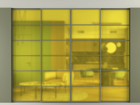 Алюминевая перегородка АЛПР 040.04_АОТ_САТ ЖЕЛ_new. Цвет Алюминий оливковый тёмный. Материал Алюминий в эмали. Коллекция Перегородка Formato внутри проёма скрытое крепление в потолок 4 створки. Картинка.