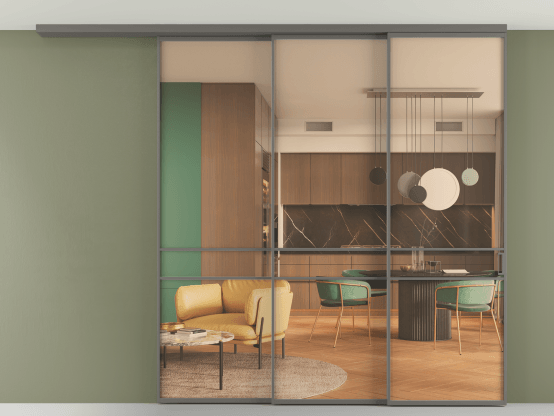 Алюминевая перегородка АЛПР 040.02_АКЛС_ПРОЗ ОРАНЖ_new. Цвет Алюминий классический серый. Материал Алюминий в эмали. Коллекция Перегородка Formato вдоль стены на потолок 3 створки с синхронным механизмом. Картинка.