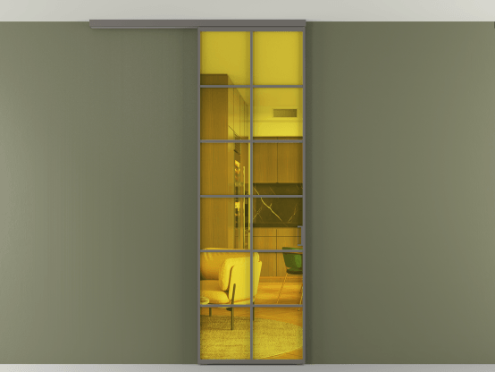 Алюминевая перегородка АЛПР 040.05_АКЛС_ПРОЗ ЖЕЛ_new. Цвет Алюминий классический серый. Материал Алюминий в эмали. Коллекция Перегородка Formato вдоль стены на потолок 1 створка. Картинка.