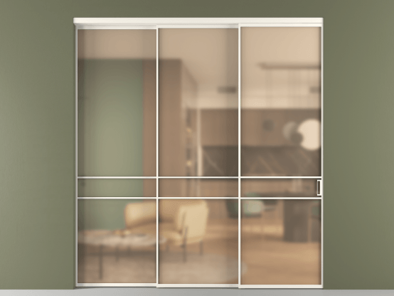 Алюминевая перегородка vn3_02_ Алюминий пудровый белый Сатинированное оранжевое стекло, триплекс, 6мм. Цвет Алюминий пудровый белый. Материал Алюминий в эмали. Коллекция Перегородка Formato внутри проёма 3 створки с синхронным механизмом. Картинка.