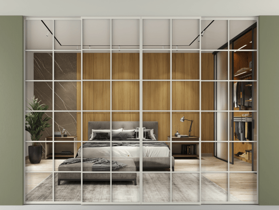 Алюминевая перегородка vn2+2_05 Алюминий тёплый серый Двустороннее зеркало. Цвет Алюминий тёплый серый. Материал Алюминий в эмали. Коллекция Перегородка Формато внутри проёма скрытое крепление в потолок 4 створки. Картинка.