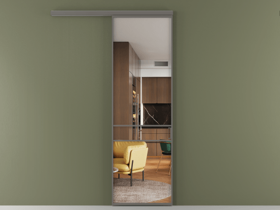 Алюминевая перегородка АЛПР 040.02_АКЛС_Crystalvision_new. Цвет Алюминий классический серый. Материал Алюминий в эмали. Коллекция Перегородка Формато вдоль стены 1 створка. Картинка.