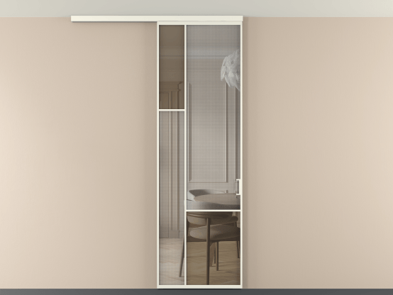 Алюминевая перегородка vdp1_6_АЖМ_MS+Бронза триплекс_new. Цвет Алюминий жемчужный. Материал Алюминий в эмали. Коллекция Перегородка Mosaic вдоль стены на потолок 1 створка. Картинка.