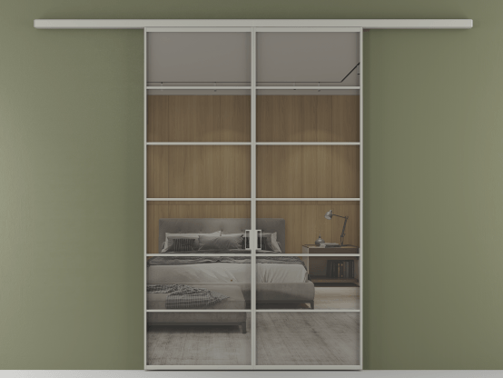 Алюминевая перегородка АЛПР 040.04_АНСР_Stopsol Grey_new. Цвет Алюминий нейтральный серый. Материал Алюминий в эмали. Коллекция Перегородка Formato вдоль стены 2 створки. Картинка.