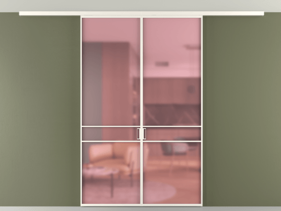 Алюминевая перегородка vd2_02 Алюминий пудровый белый Сатинированное розовое стекло, триплекс, 6мм. Цвет Алюминий пудровый белый. Материал Алюминий в эмали. Коллекция Перегородка Formato вдоль стены на потолок 2 створки. Картинка.