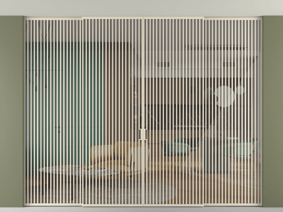 Алюминевая перегородка vn2+2_06 Алюминий бежево-серый Stopsol Clear. Цвет Алюминий бежево-серый. Материал Алюминий в эмали. Коллекция Перегородка Formato внутри проёма скрытое крепление в потолок 4 створки. Картинка.