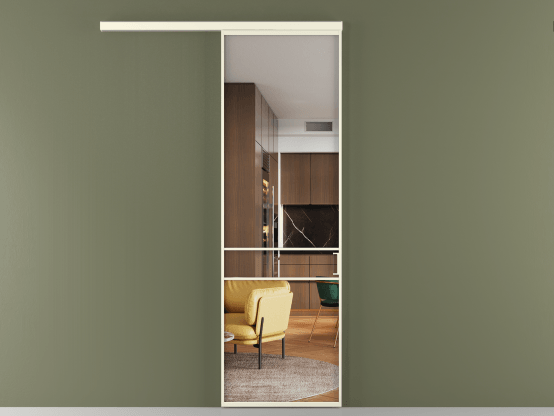 Алюминевая перегородка АЛПР 040.02_АМБ_Crystalvision_new. Цвет Алюминий молочно-белый. Материал Алюминий в эмали. Коллекция Перегородка Формато вдоль стены 1 створка. Картинка.