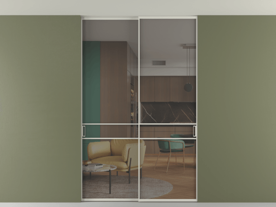 Алюминевая перегородка vn2_02 Алюминий тёплый серый Серый прозрачное. Цвет Алюминий тёплый серый. Материал Алюминий в эмали. Коллекция Перегородка Формато внутри проёма скрытое крепление в потолок 2 створки. Картинка.