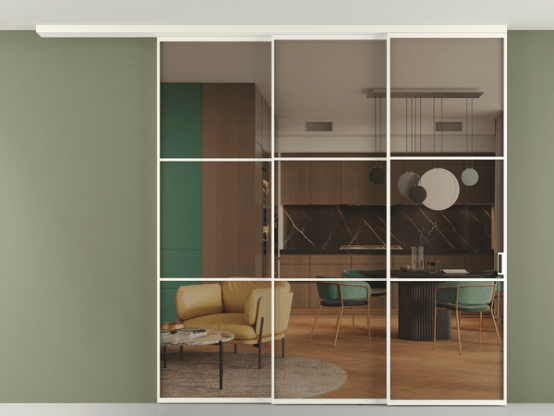 Алюминевая перегородка pv3_03_ Алюминий пудровый белый Бронза прозрачное. Цвет Алюминий пудровый белый. Материал Алюминий в эмали. Коллекция Перегородка Формато вдоль стены на потолок 3 створки с синхронным механизмом. Картинка.