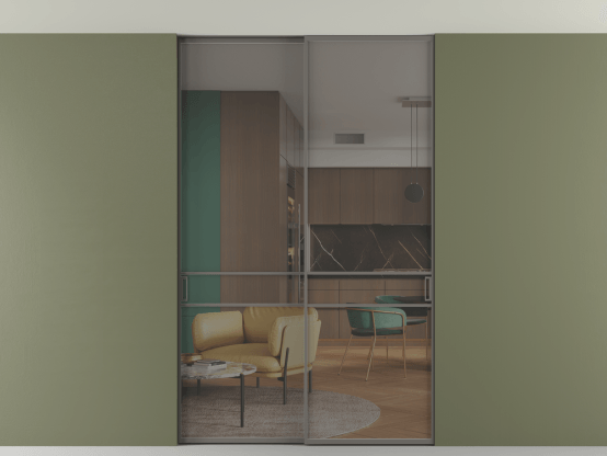 Алюминевая перегородка АЛПР 040.02_АКЛС_Серый триплекс_new. Цвет Алюминий классический серый. Материал Алюминий в эмали. Коллекция Перегородка Формато внутри проёма скрытое крепление в потолок 2 створки. Картинка.