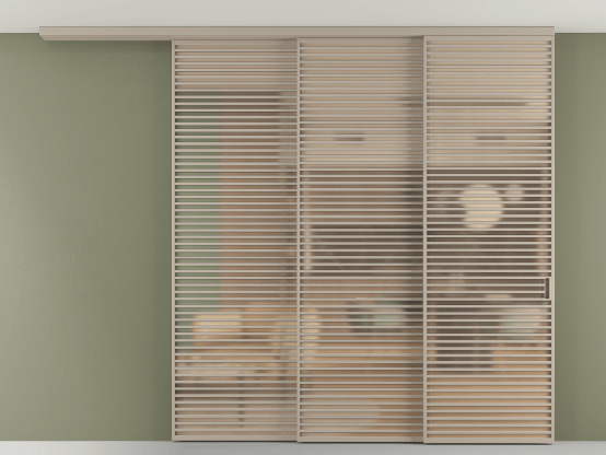 Алюминевая перегородка АЛПР 040.07_АБСК_САТ ОРАНЖ_new. Цвет Алюминий бисквитный. Материал Алюминий в эмали. Коллекция Перегородка Formato вдоль стены на потолок 3 створки с синхронным механизмом. Картинка.