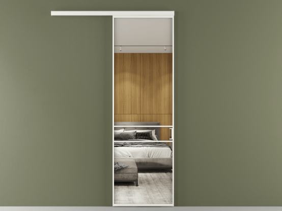 Алюминевая перегородка vd1_02_ Алюминий светло-серый Двустороннее зеркало. Цвет Алюминий светло-серый. Материал Алюминий в эмали. Коллекция Перегородка Формато вдоль стены 1 створка. Картинка.