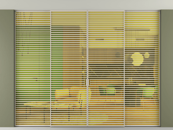 Алюминевая перегородка АЛПР 040.07_АСБЖ_ПРОЗ ЖЕЛ_new. Цвет Алюминий светло-бежевый. Материал Алюминий в эмали. Коллекция Перегородка Formato внутри проёма скрытое крепление в потолок 4 створки. Картинка.