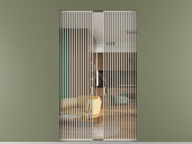 Алюминевая перегородка skr2_06_ Алюминий бежево-серый Crystal Vision прозрачное. Цвет Алюминий бежево-серый. Материал Алюминий в эмали. Коллекция Перегородка Formato скрытый пенал 2 створки. Картинка.