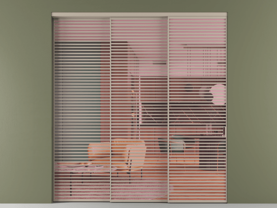 Алюминевая перегородка АЛПР 040.07_АБСК_ПРОЗ РОЗ_new. Цвет Алюминий бисквитный. Материал Алюминий в эмали. Коллекция Перегородка Formato внутри проёма 3 створки с синхронным механизмом. Картинка.