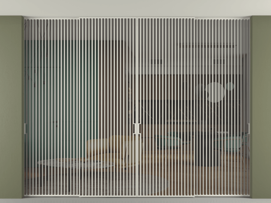 Алюминевая перегородка p2+2_06 Серый триплекс БЕЛ. Цвет Алюминий Белый. Материал Алюминий. Коллекция Перегородка Formato внутри проёма скрытое крепление в потолок 4 створки. Картинка.