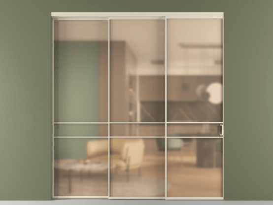 Алюминевая перегородка vn3_02_ Алюминий бежево-серый Сатинированное оранжевое стекло, триплекс, 6мм. Цвет Алюминий бежево-серый. Материал Алюминий в эмали. Коллекция Перегородка Formato внутри проёма 3 створки с синхронным механизмом. Картинка.