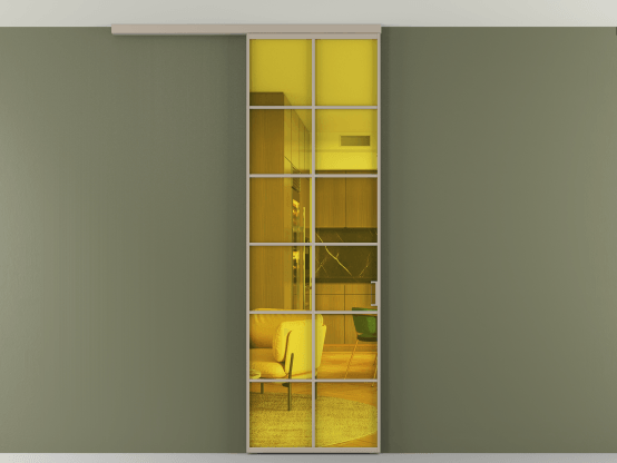 Алюминевая перегородка АЛПР 040.05_АБСК_ПРОЗ ЖЕЛ_new. Цвет Алюминий бисквитный. Материал Алюминий в эмали. Коллекция Перегородка Formato вдоль стены на потолок 1 створка. Картинка.