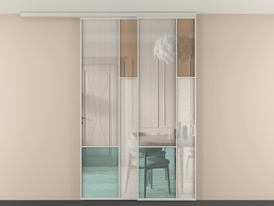 Алюминевая перегородка vdt2_8 Алюминий тёплый серый Четыре стекла. Цвет Алюминий тёплый серый. Материал Алюминий в эмали. Коллекция Перегородка Mosaic вдоль стены на потолок 2 створки с синхронным механизмом. Картинка.